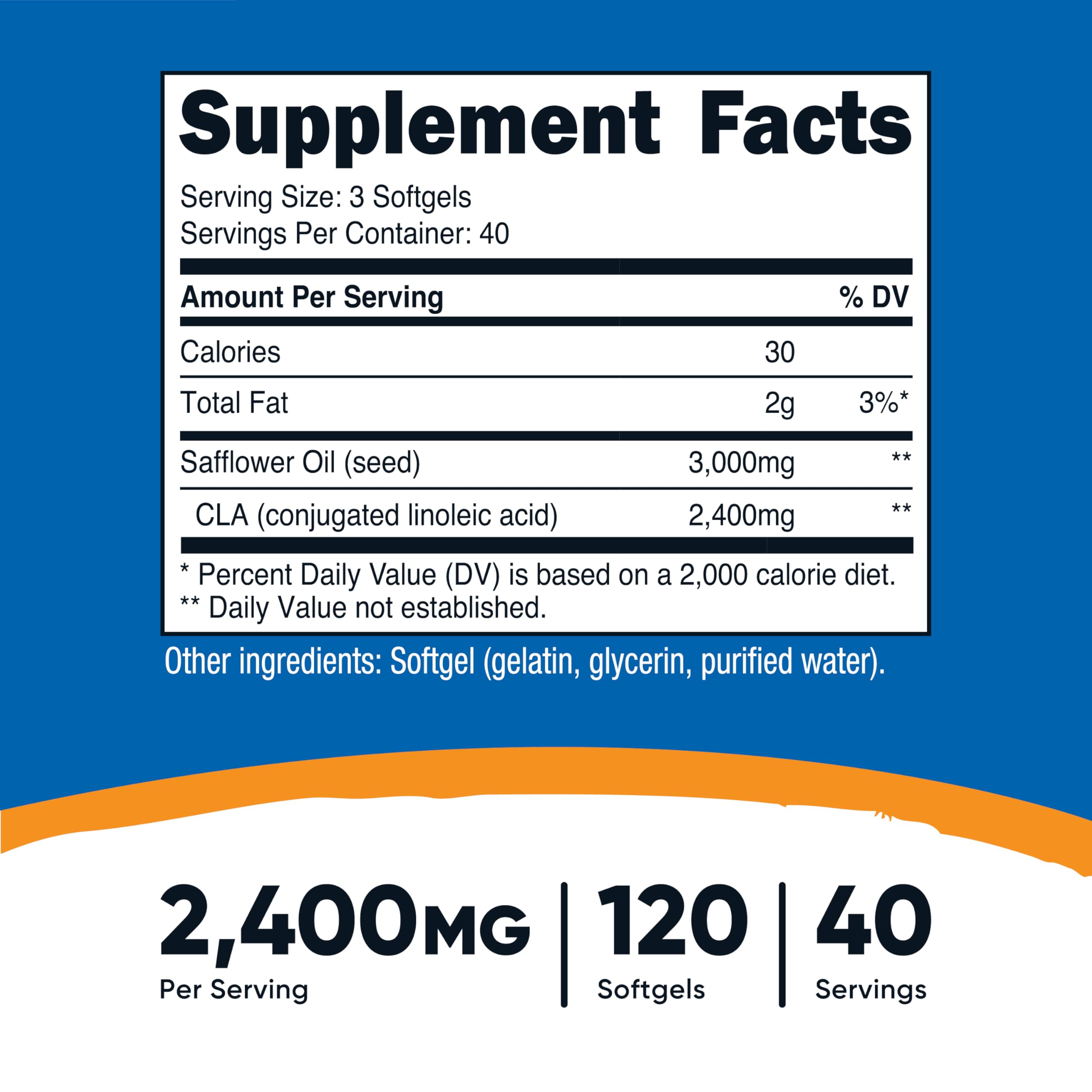 Nutricost CLA softgels close-up highlighting easy three-per-serving intake.