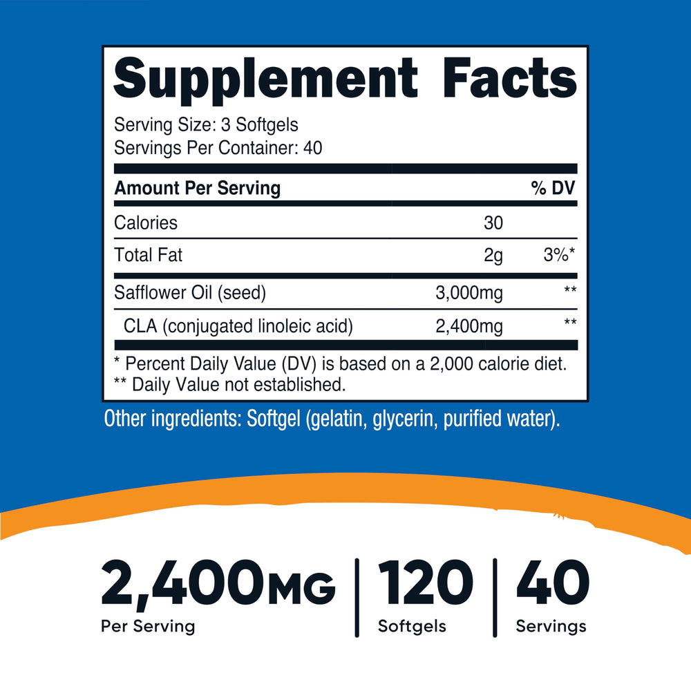 Nutricost CLA softgels close-up highlighting easy three-per-serving intake.