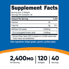 Nutricost CLA softgels close-up highlighting easy three-per-serving intake.