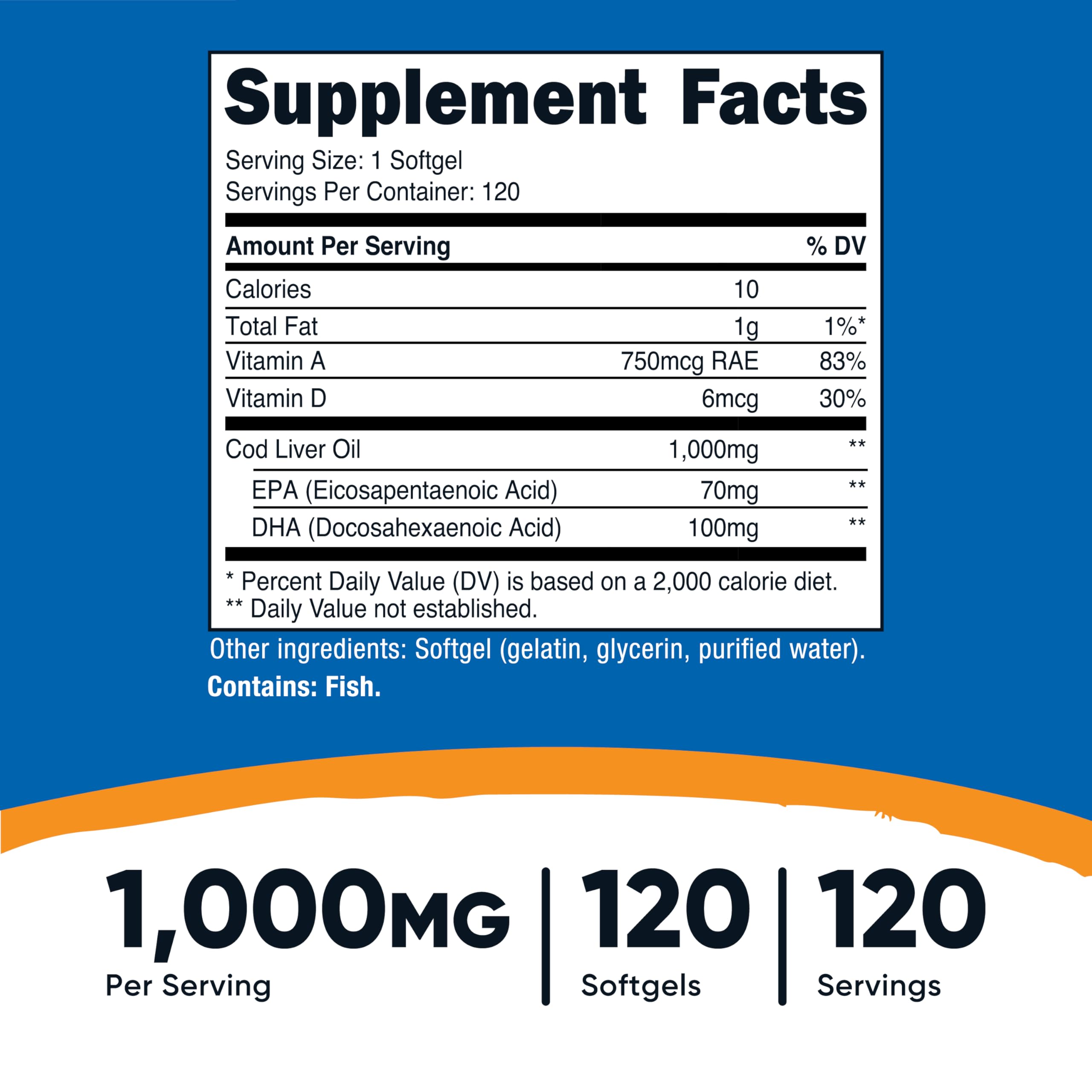 Nutricost Cod Liver Oil bottle with 120 softgels for daily use