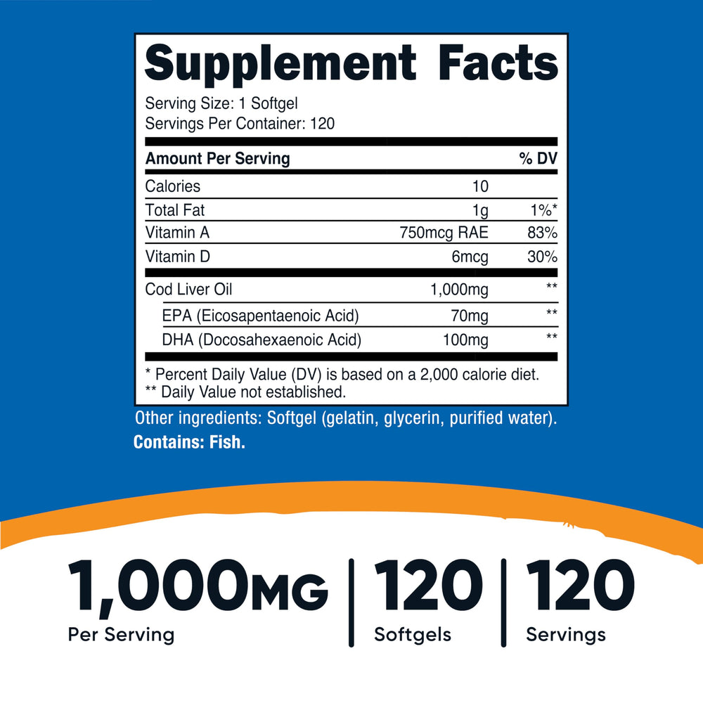 Nutricost Cod Liver Oil bottle with 120 softgels for daily use