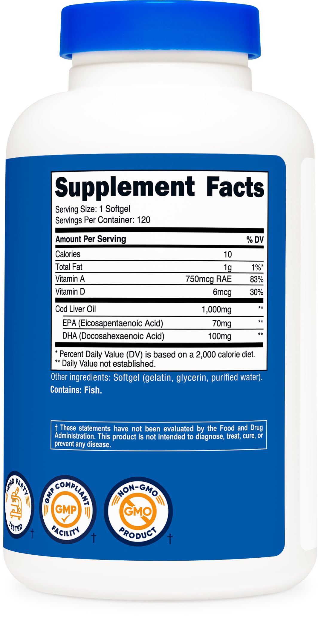 Nutricost Cod Liver Oil GMP and FDA facility seal on label