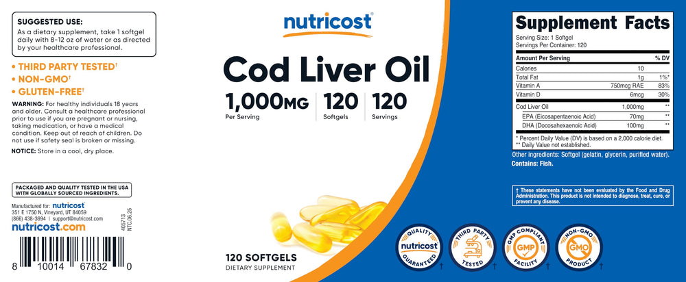 Nutricost Cod Liver Oil third-party testing certificate shown