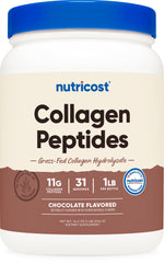 Nutricost collagen peptides chocolate front label highlighting grass-fed quality
