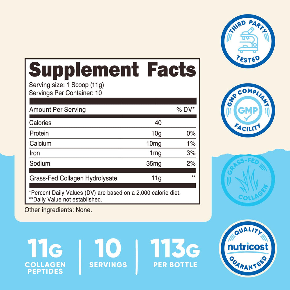 Nutricost Collagen Peptides ingredients highlight grass-fed source.