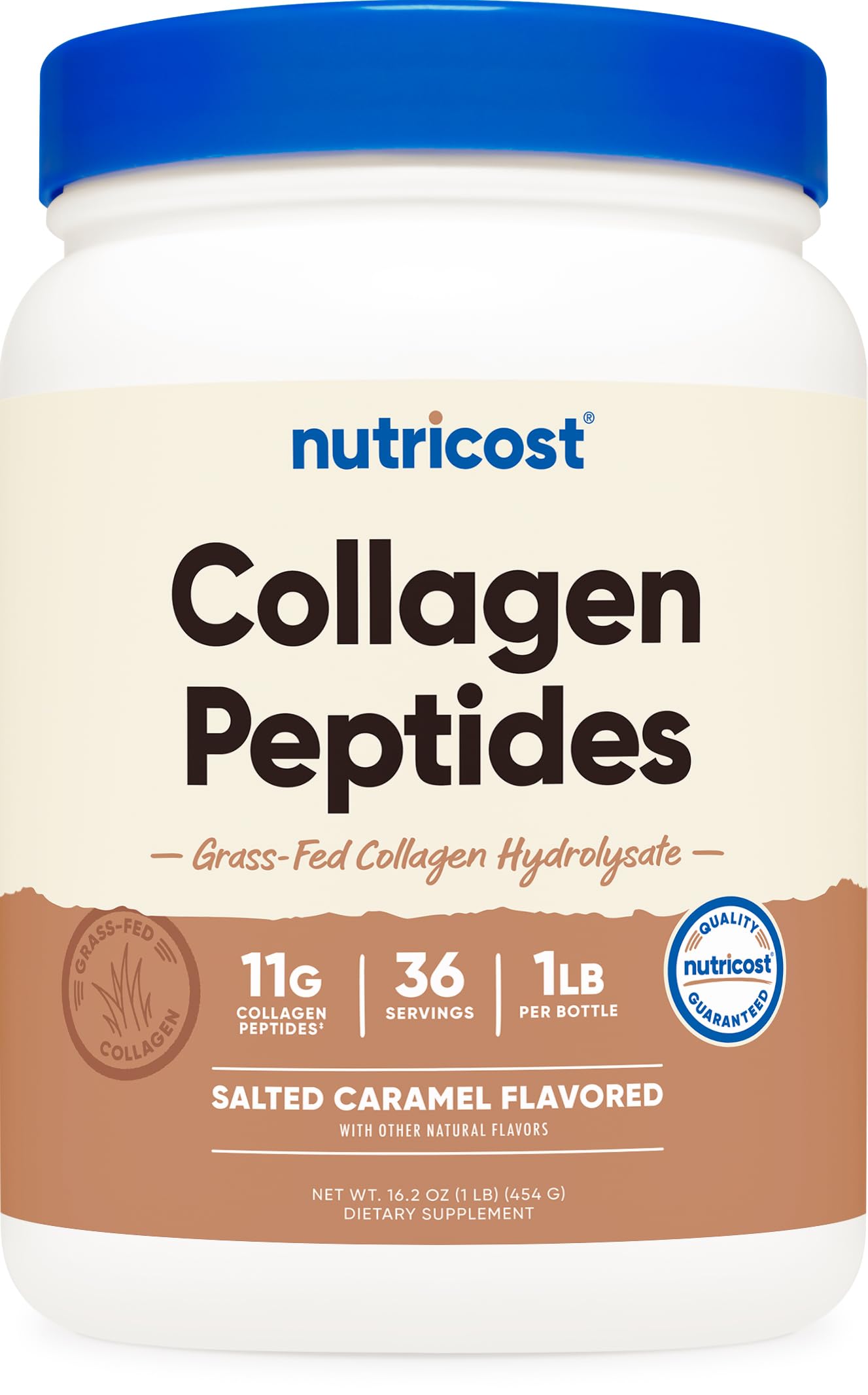 Nutricost Collagen Peptides Powder Salted Caramel in jar for daily protein and flavor boost.