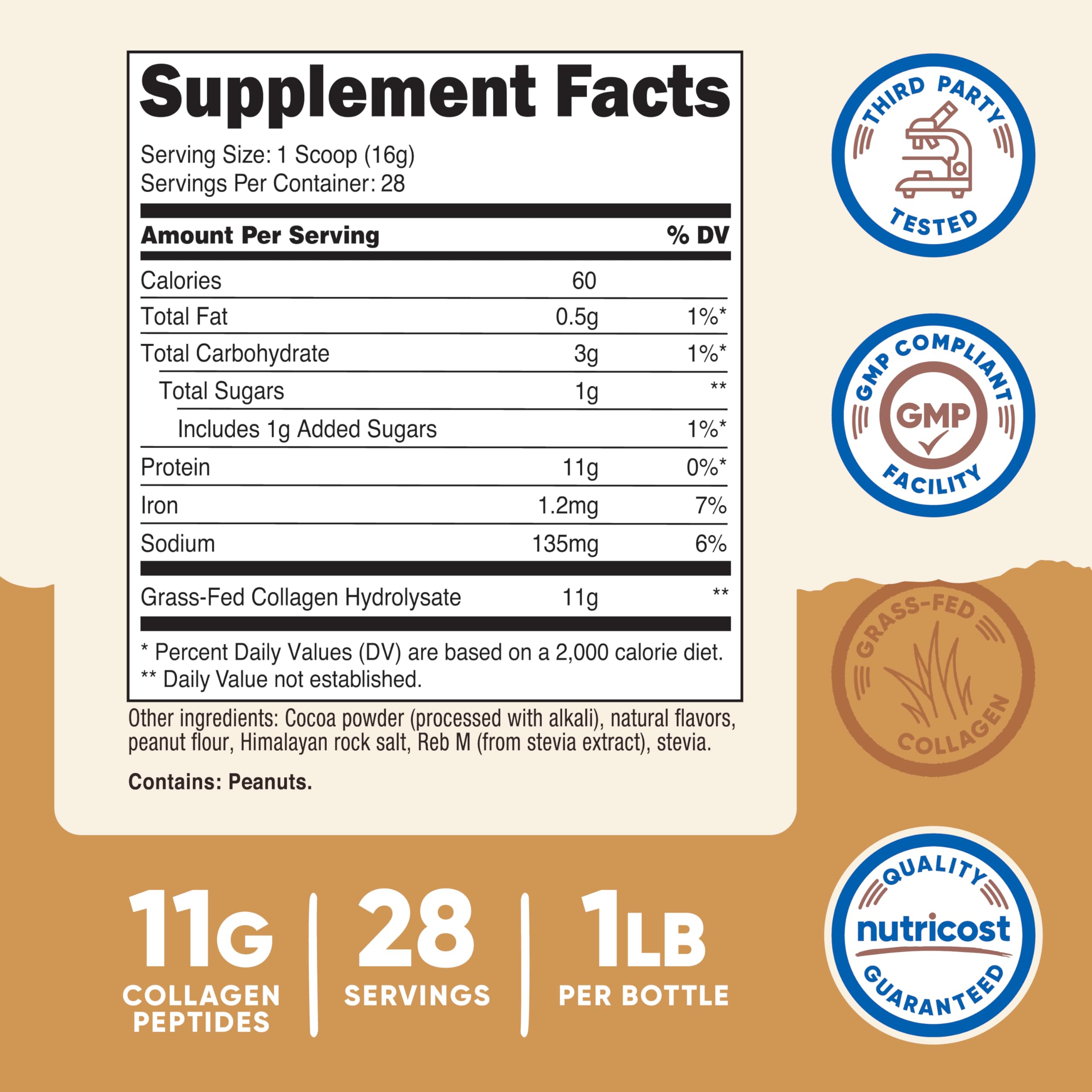 Nutricost collagen peptides scoop in chocolate peanut butter, easy to measure