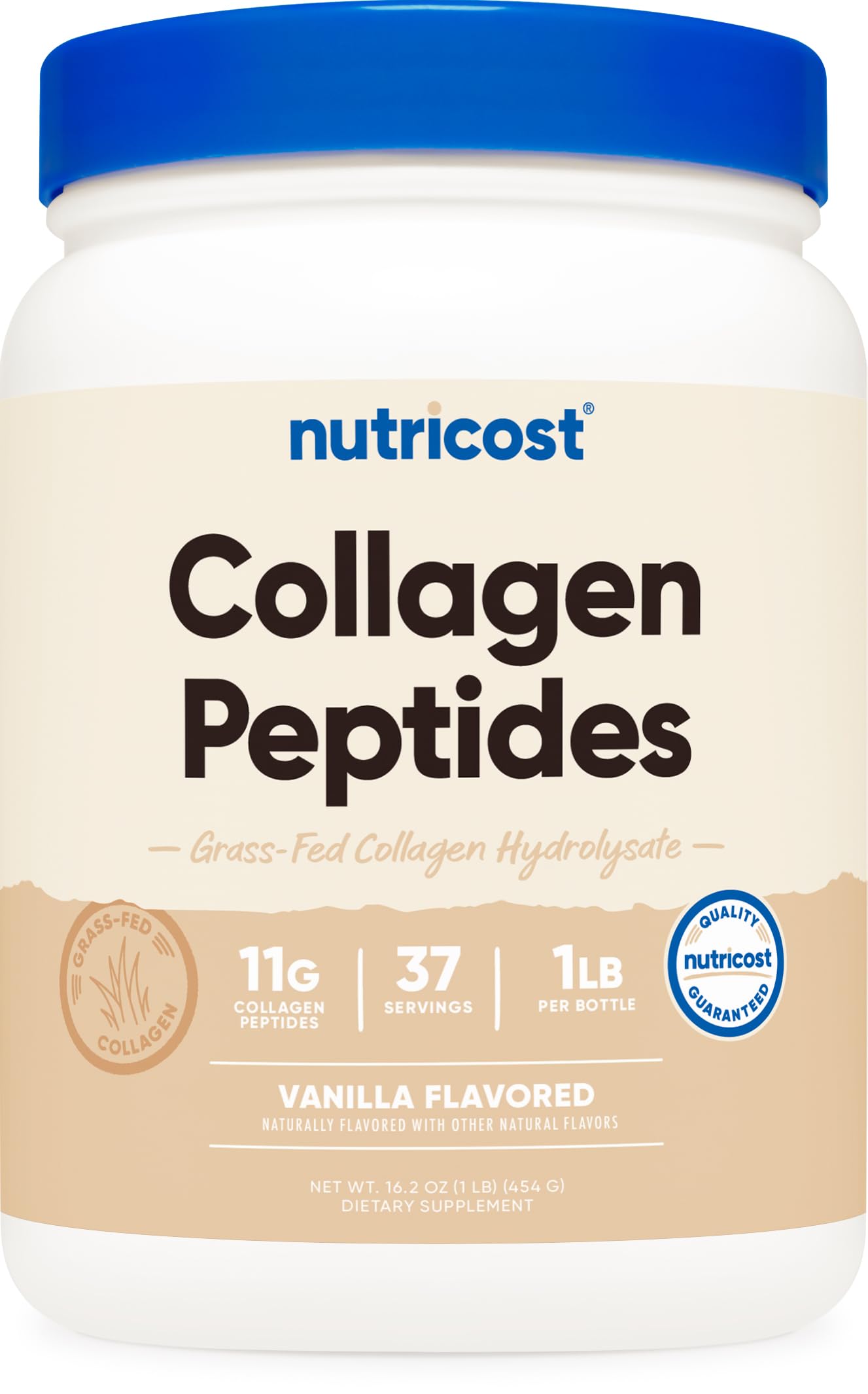 Nutricost Collagen Peptides Vanilla bottle displaying grass-fed bovine collagen for daily use.