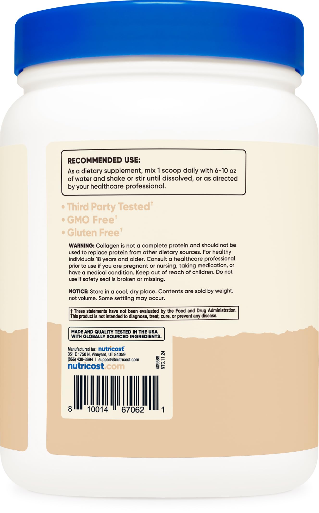 Nutricost Collagen Peptides Vanilla glass highlights versatile use in drinks and recipes.