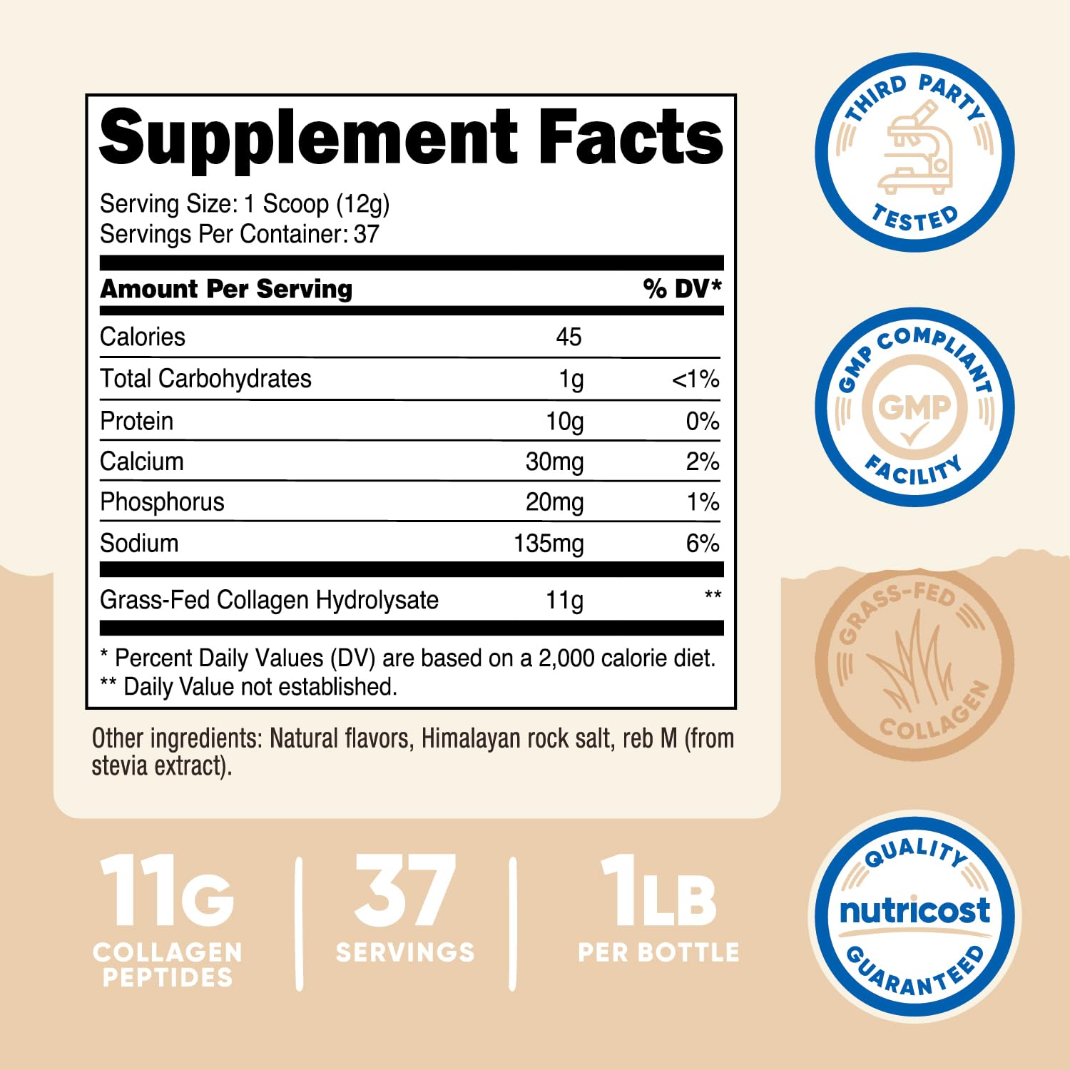 Nutricost Collagen Peptides Vanilla scoop shows measured 11 g servings for easy tracking.