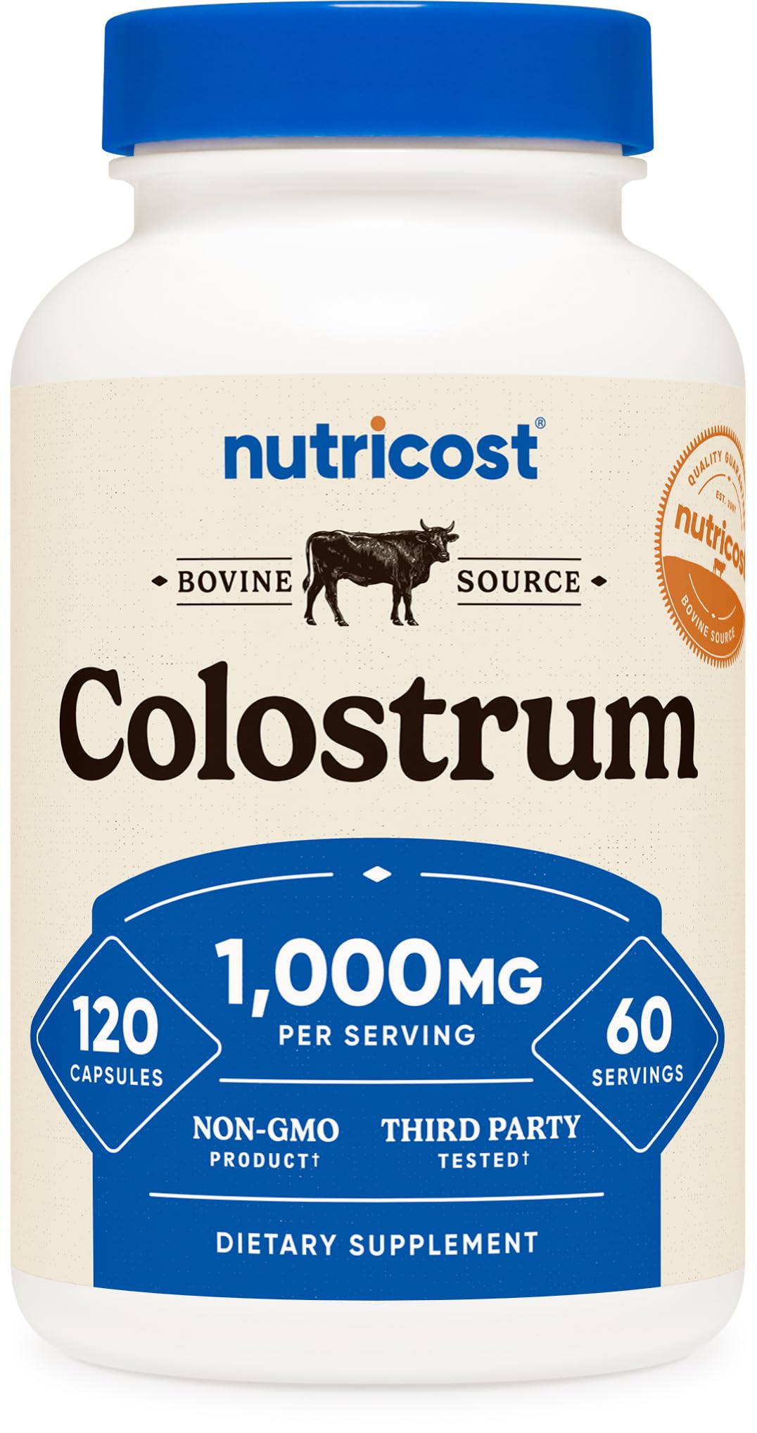 Nutricost Colostrum 1000mg bottle on a clean counter, emphasizing premium packaging