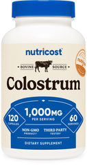 Nutricost Colostrum 1000mg bottle on a clean counter, emphasizing premium packaging
