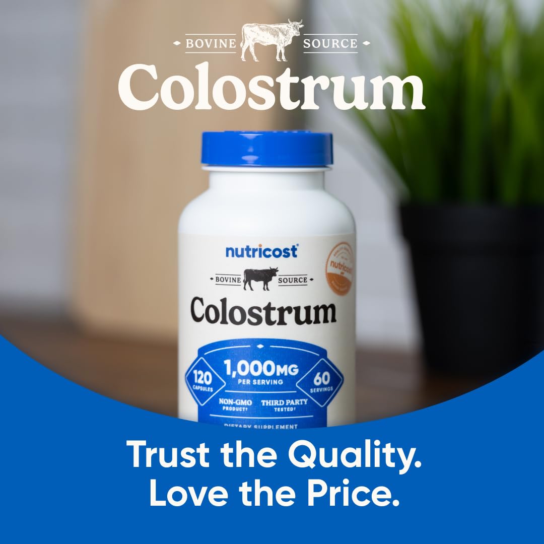 Nutricost Colostrum 1000mg capsules outside the bottle, convenient two-capsule serving