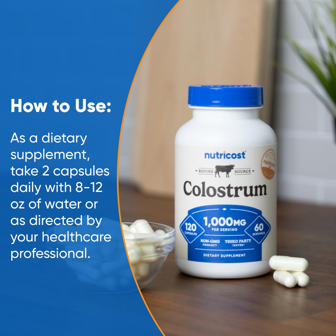 Nutricost Colostrum 1000mg NSF GMP label close-up, signaling compliance