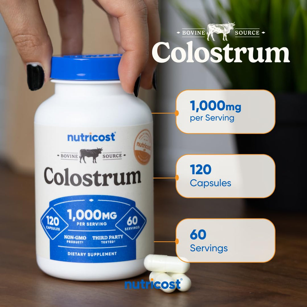 Nutricost Colostrum 1000mg packaging front, sturdy bottle with clear labeling