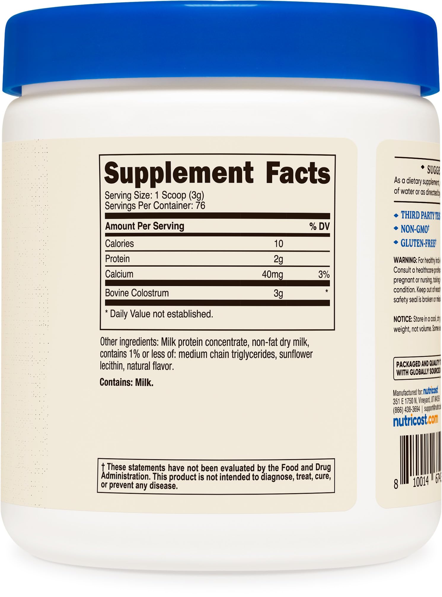 Nutricost Colostrum Powder 8oz texture close-up emphasizes non-GMO and gluten-free