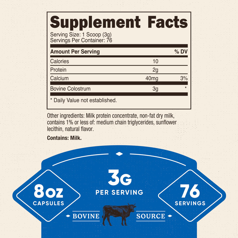 Nutricost Colostrum Powder 8oz with scoop indicating easy serving