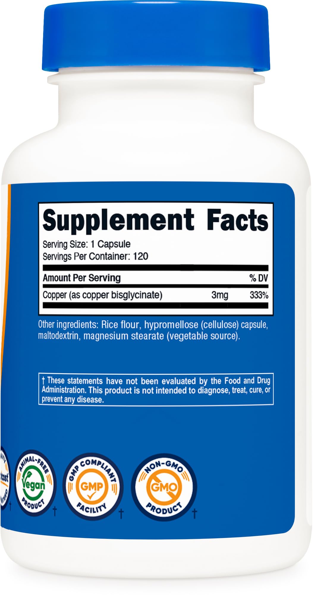 Nutricost Copper Glycinate Capsules packaging highlights GMP quality and third-party testing.