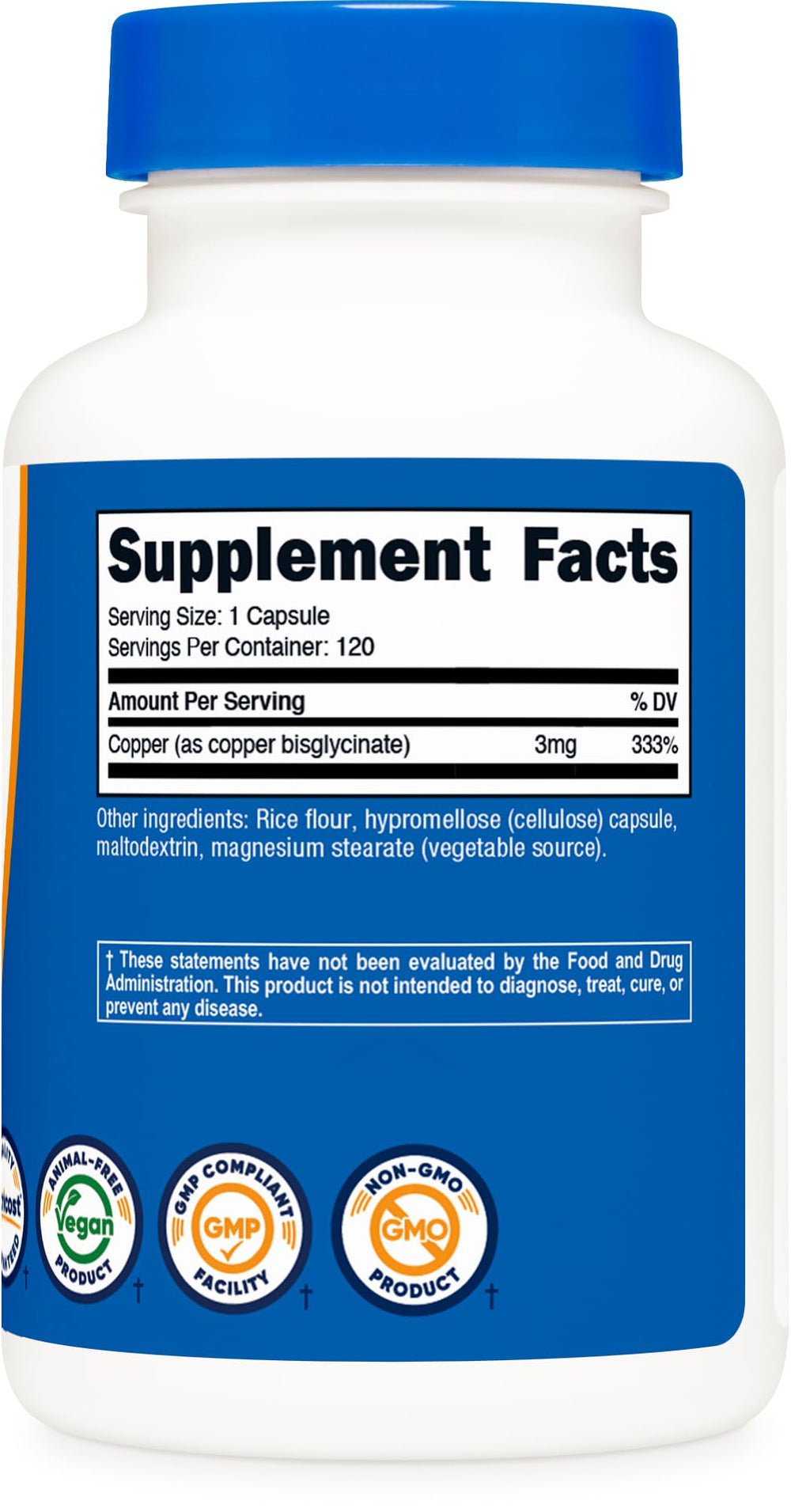 Nutricost Copper Glycinate Capsules packaging highlights GMP quality and third-party testing.