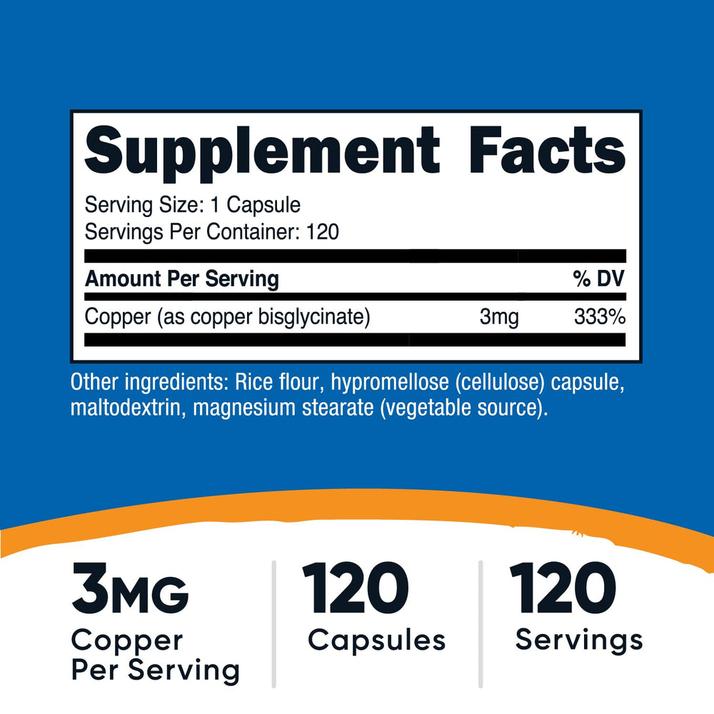 Nutricost Copper Glycinate Capsules pouring to reveal compact, smooth capsules for daily use.