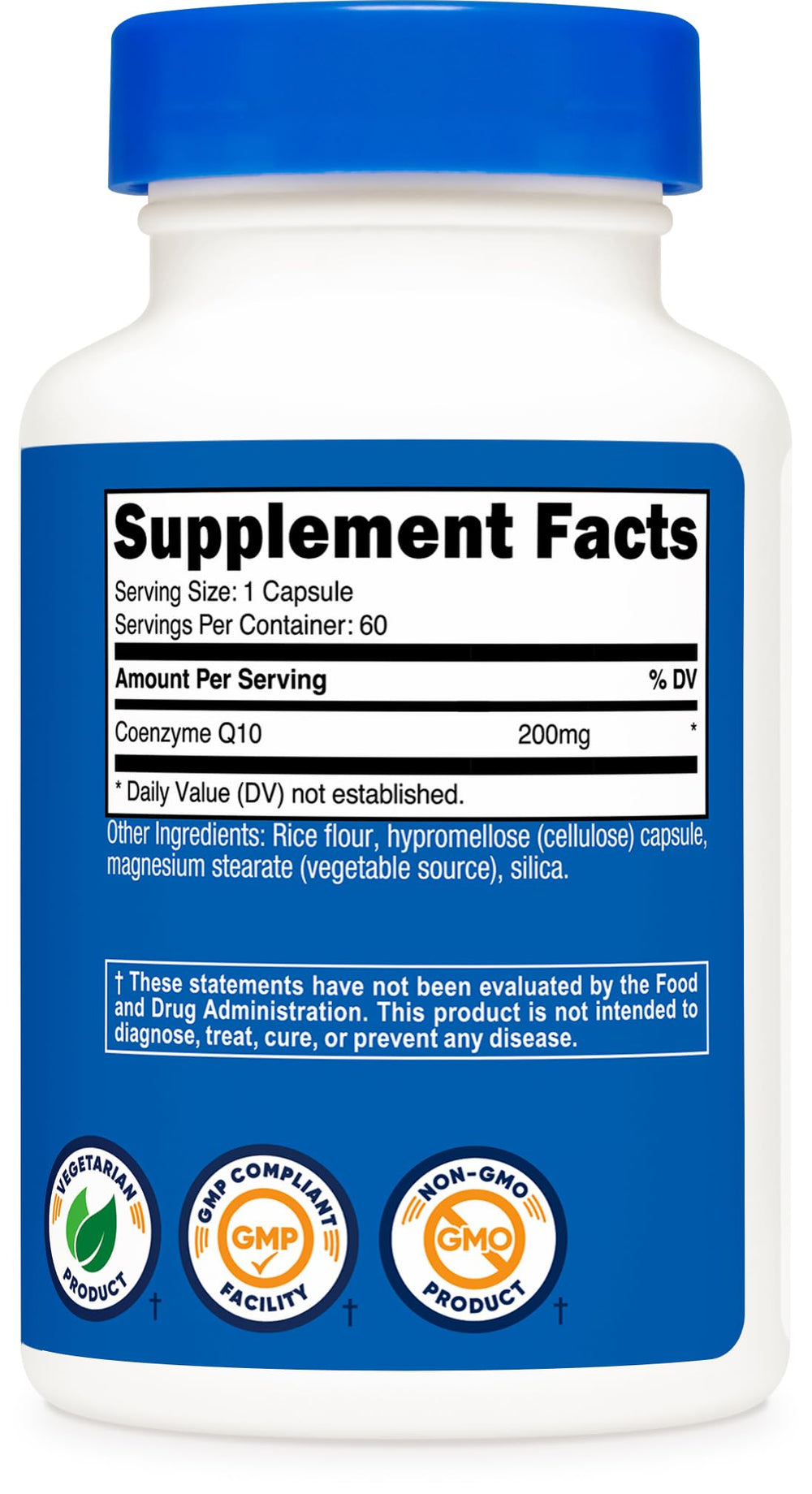 Nutricost CoQ10 200mg serving size illustration indicating 60 servings.