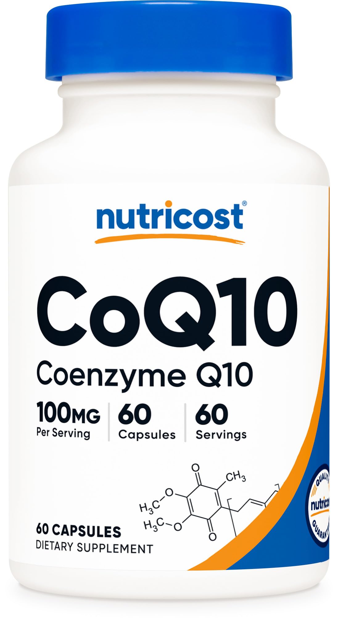 Nutricost CoQ10 bottle showing 60 vegetarian capsules for daily use.