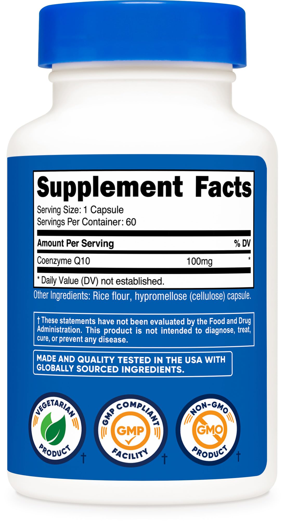 Nutricost CoQ10 packaging with facility certifications indicating quality standards.
