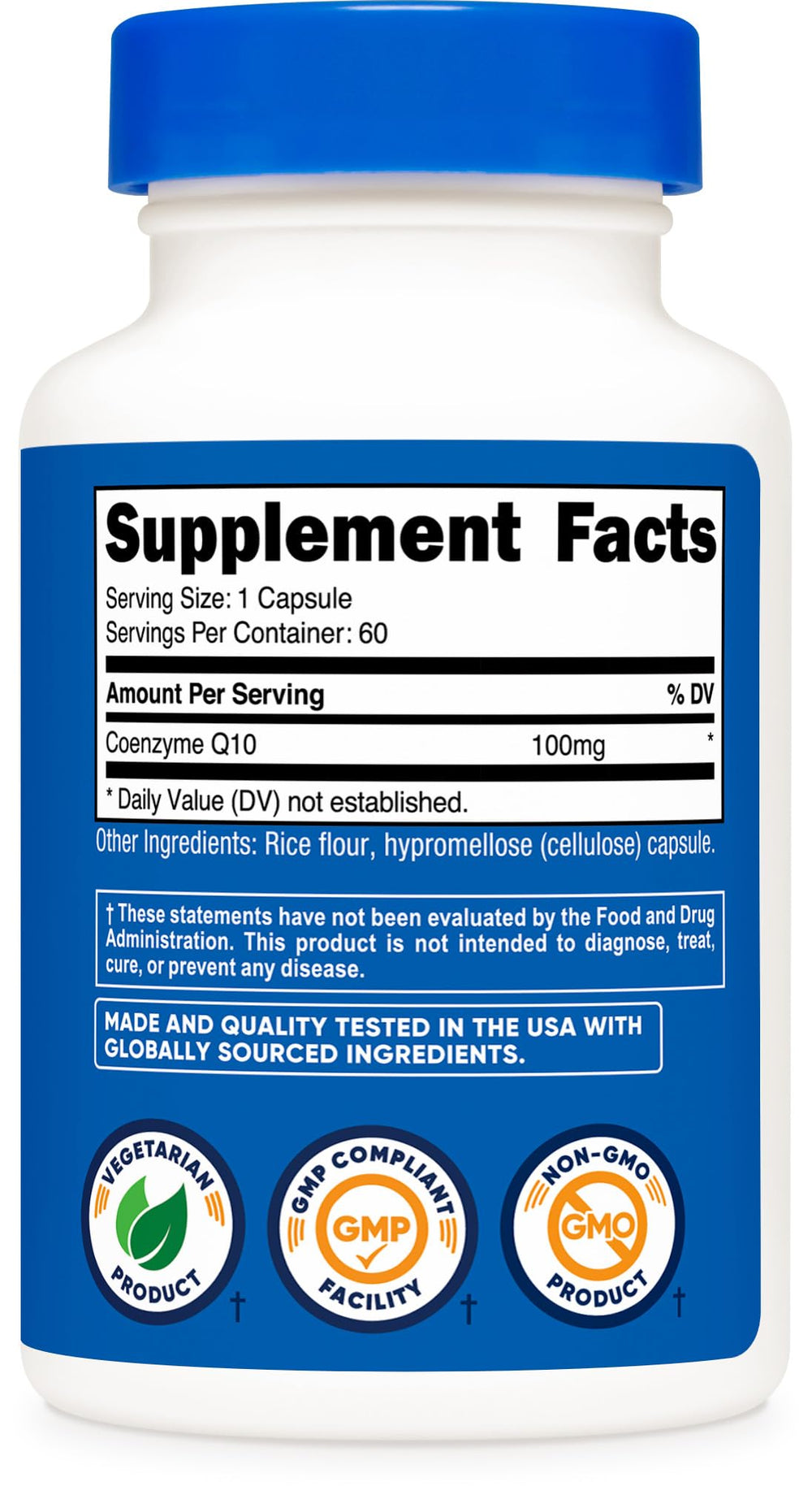 Nutricost CoQ10 packaging with facility certifications indicating quality standards.