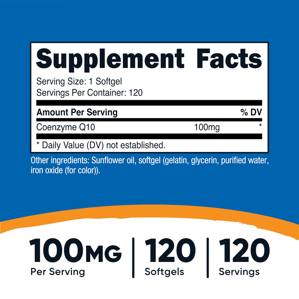 Nutricost CoQ10 Softgels bottle-label highlighting 100 mg and gluten-free formula