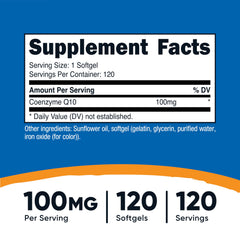 Nutricost CoQ10 Softgels bottle-label highlighting 100 mg and gluten-free formula