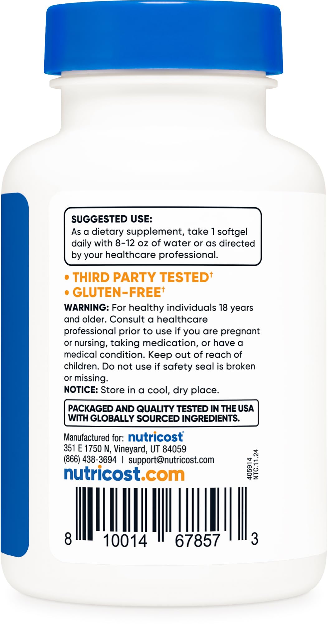 Nutricost CoQ10 Softgels packaging emphasizes third-party testing and NSF GMP quality