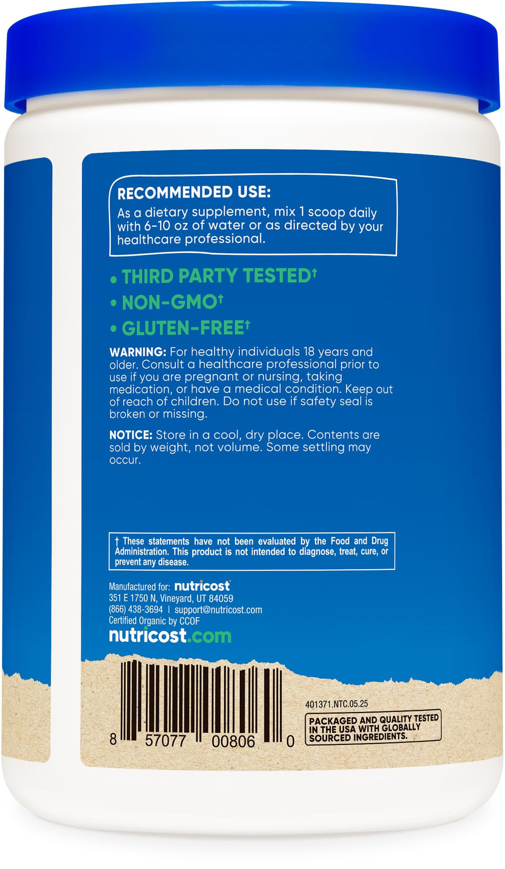 Nutricost Cordyceps bottle close-up with quality certification.