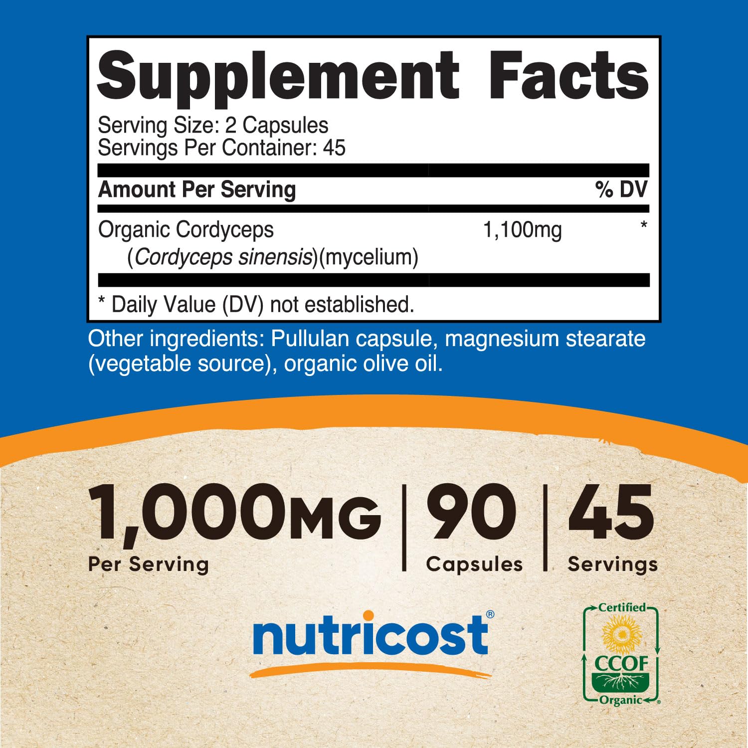 Nutricost Cordyceps capsules bottle back label notes certifications and dietary details.