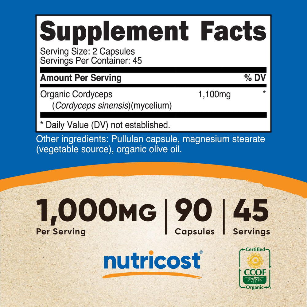 Nutricost Cordyceps capsules bottle back label notes certifications and dietary details.