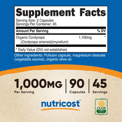 Nutricost Cordyceps capsules bottle back label notes certifications and dietary details.