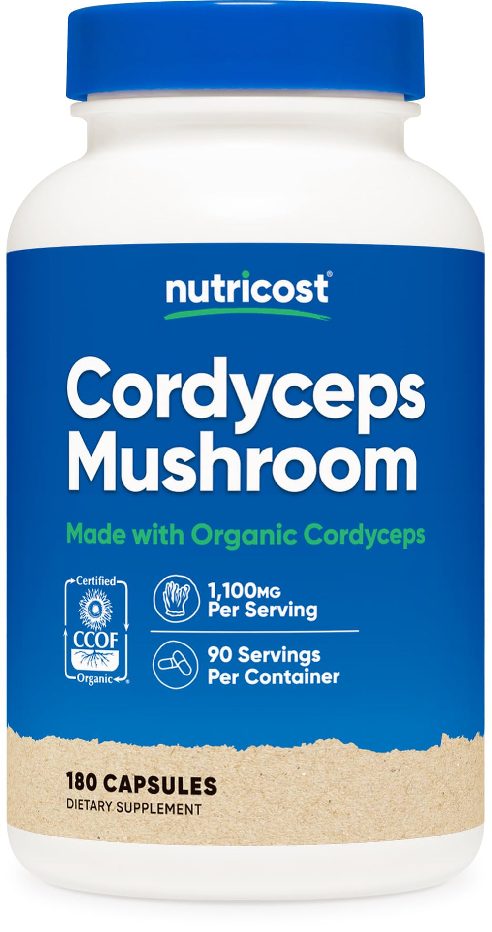 Nutricost Cordyceps bottle front view highlighting organic, high-potency 1100 mg per serving.