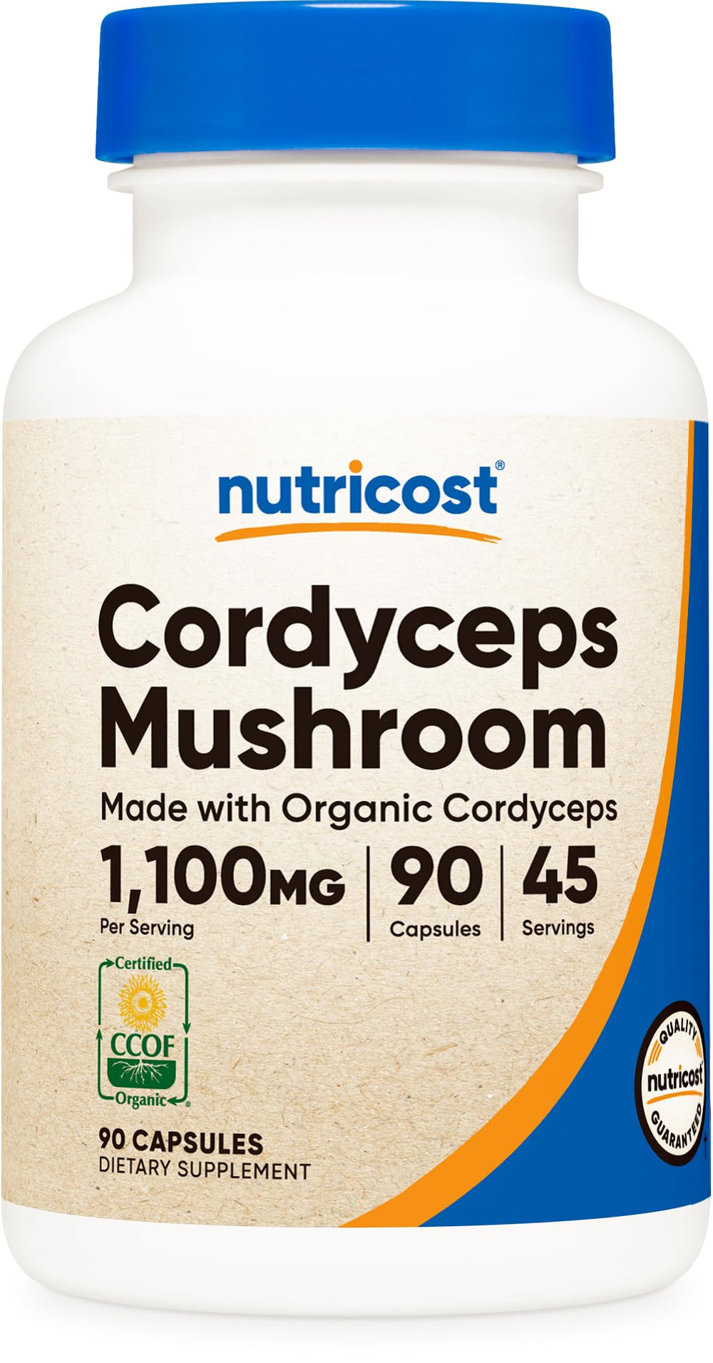 Nutricost Cordyceps capsules bottle front displays organic certification for confidence.
