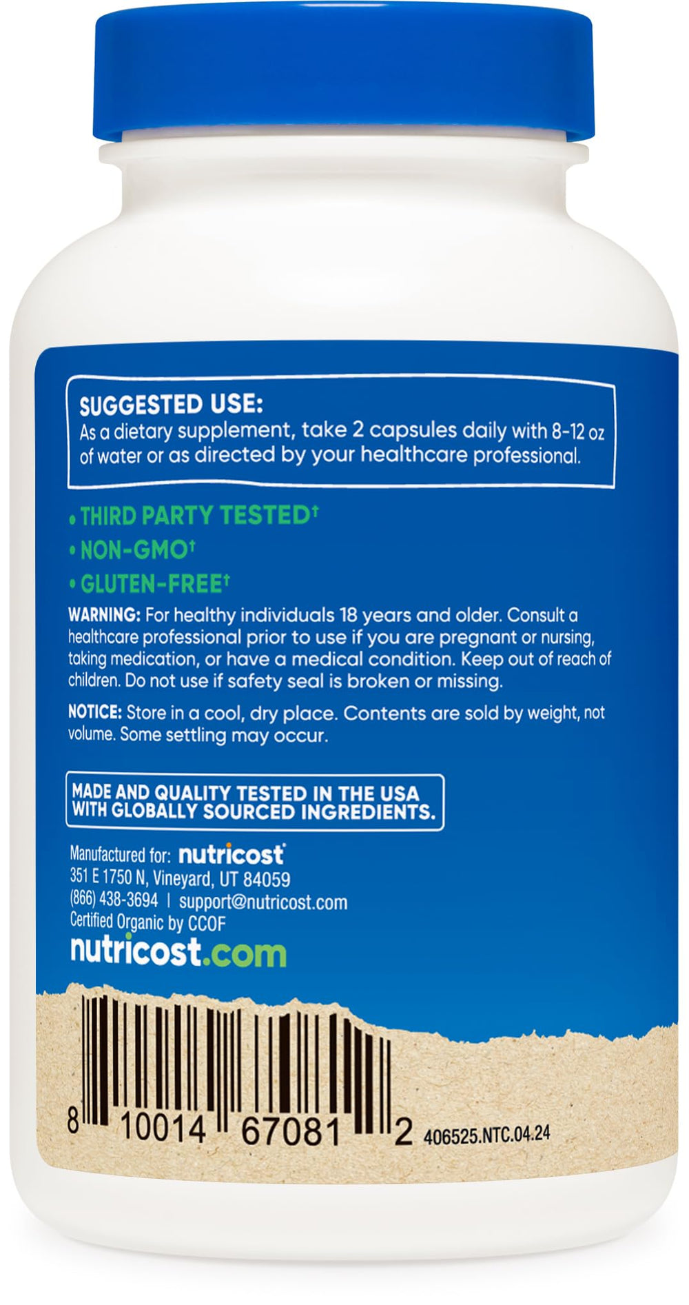 Nutricost Cordyceps container back detailing ingredients and certifications.