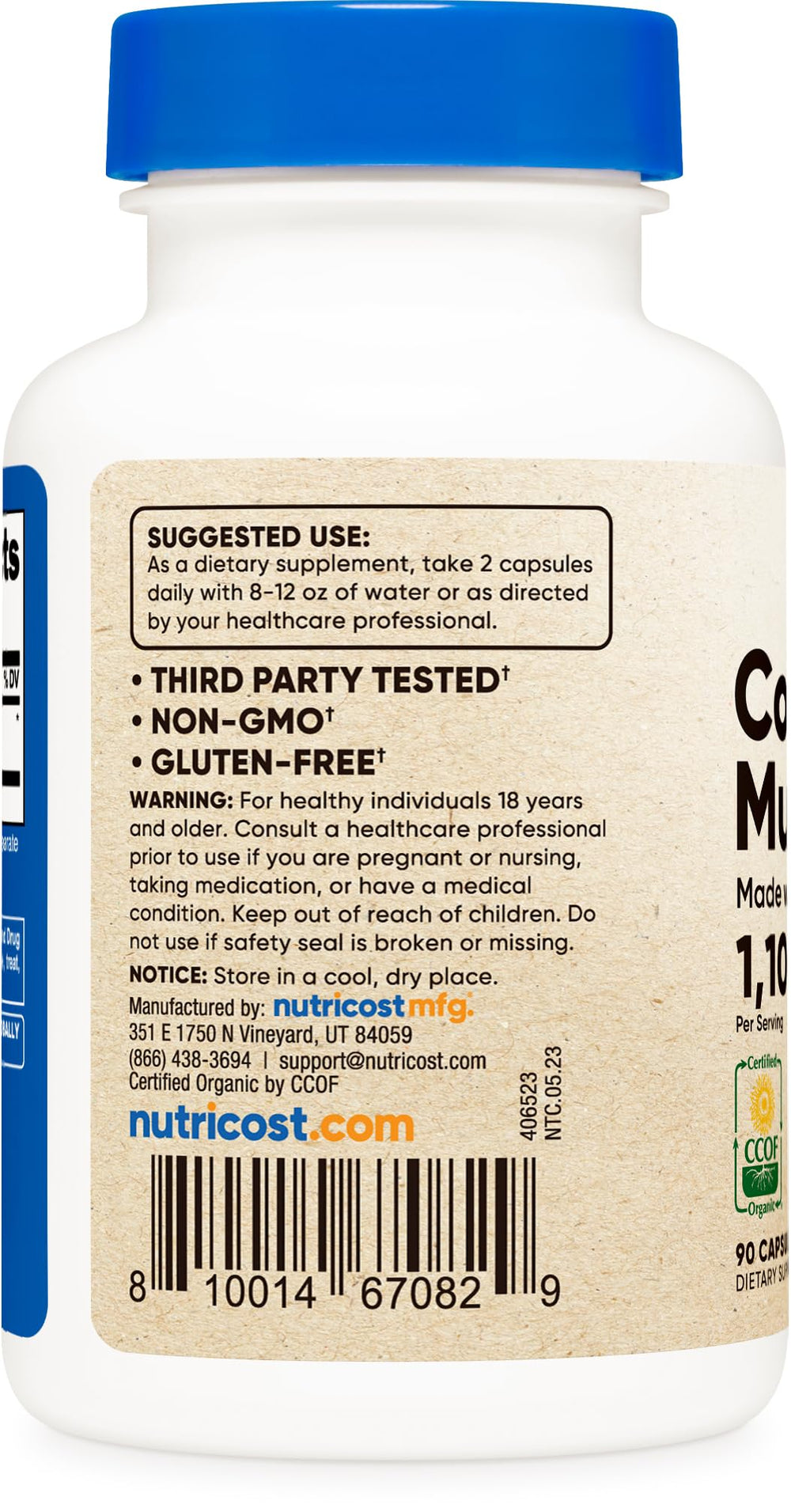 Nutricost Cordyceps capsules label highlights 550 mg per capsule for easy dosing.