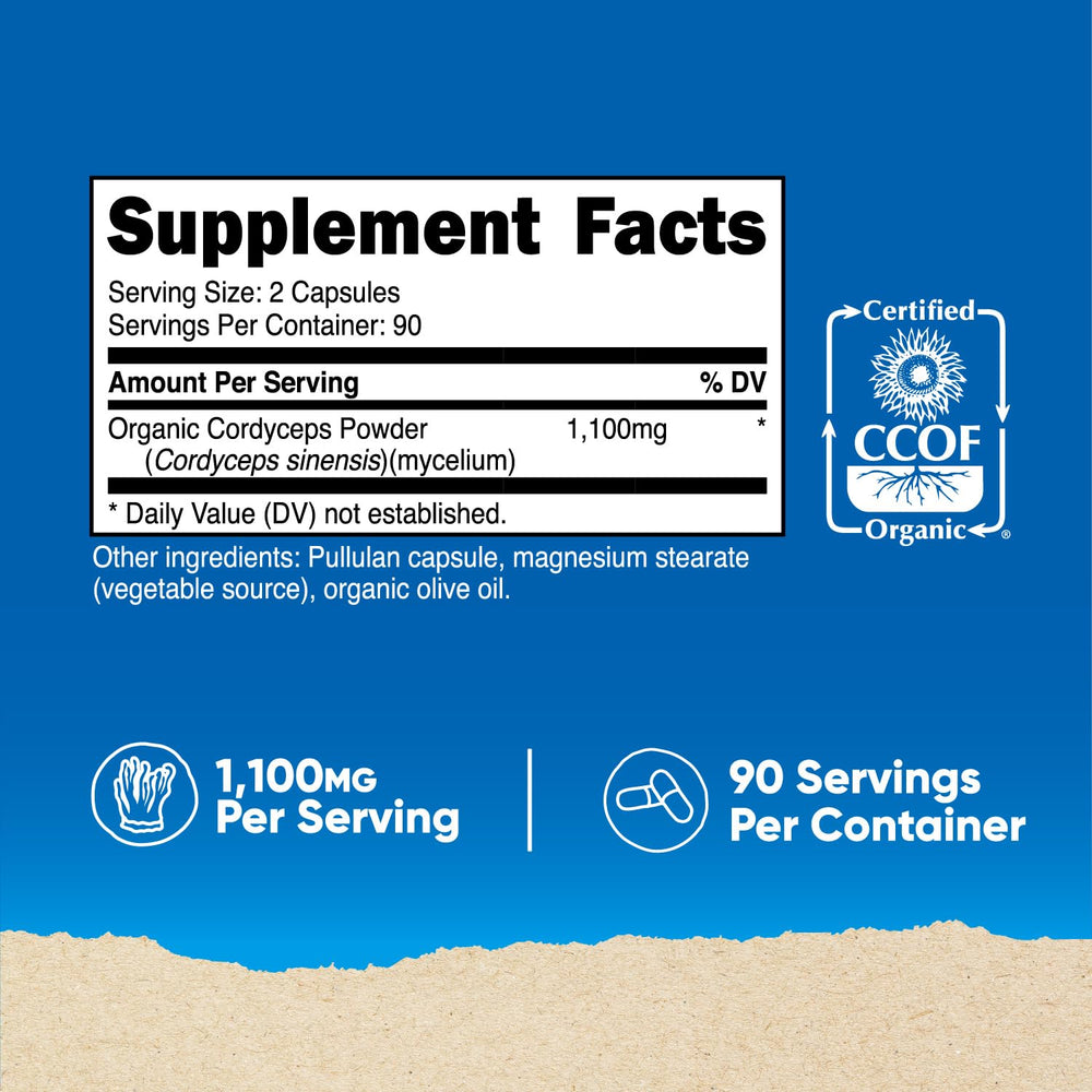 Nutricost Cordyceps capsules with serving spoon for easy daily dosing.