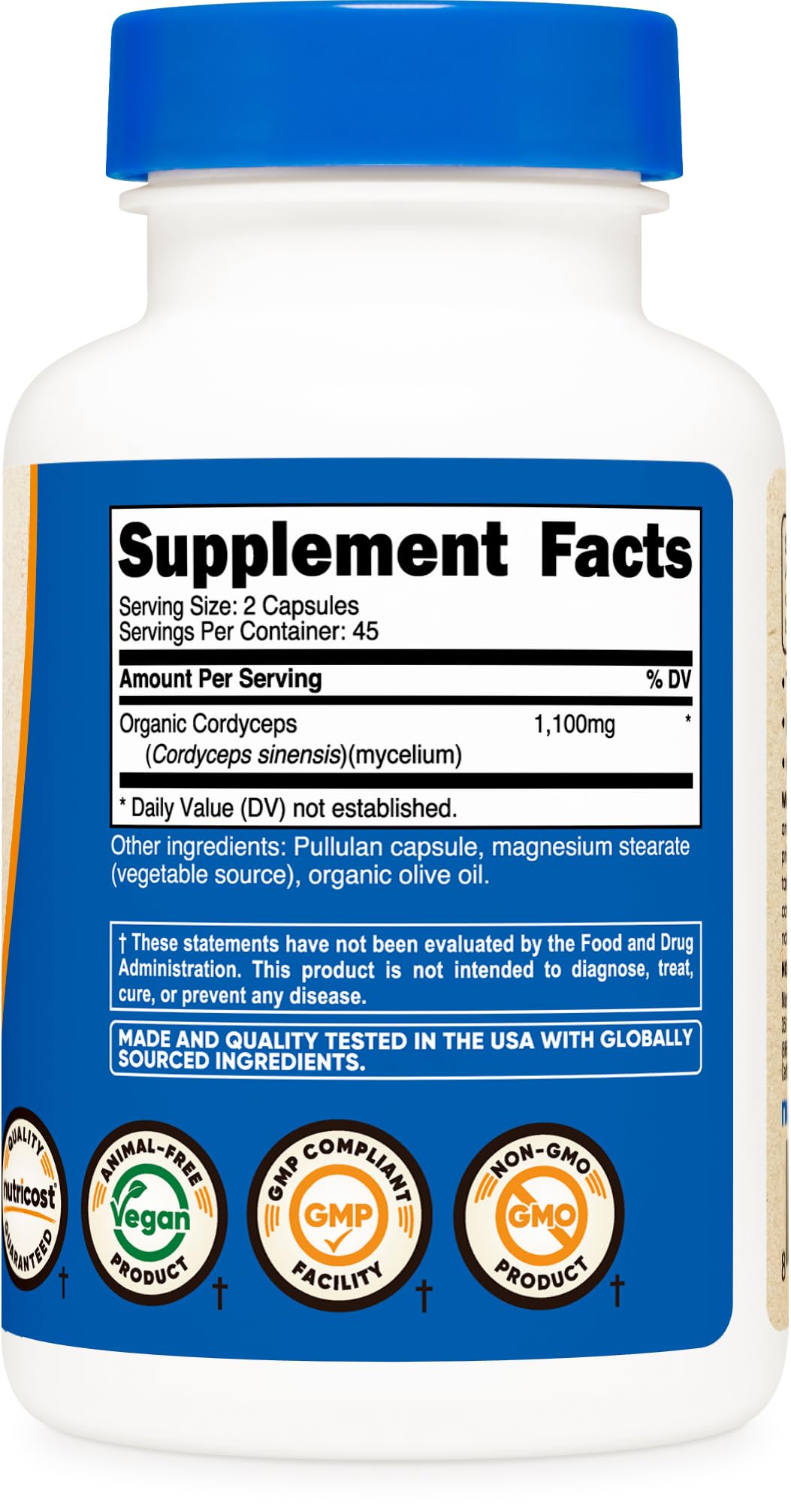 Nutricost Cordyceps capsules show a vegetarian certification seal for plant-based diets.