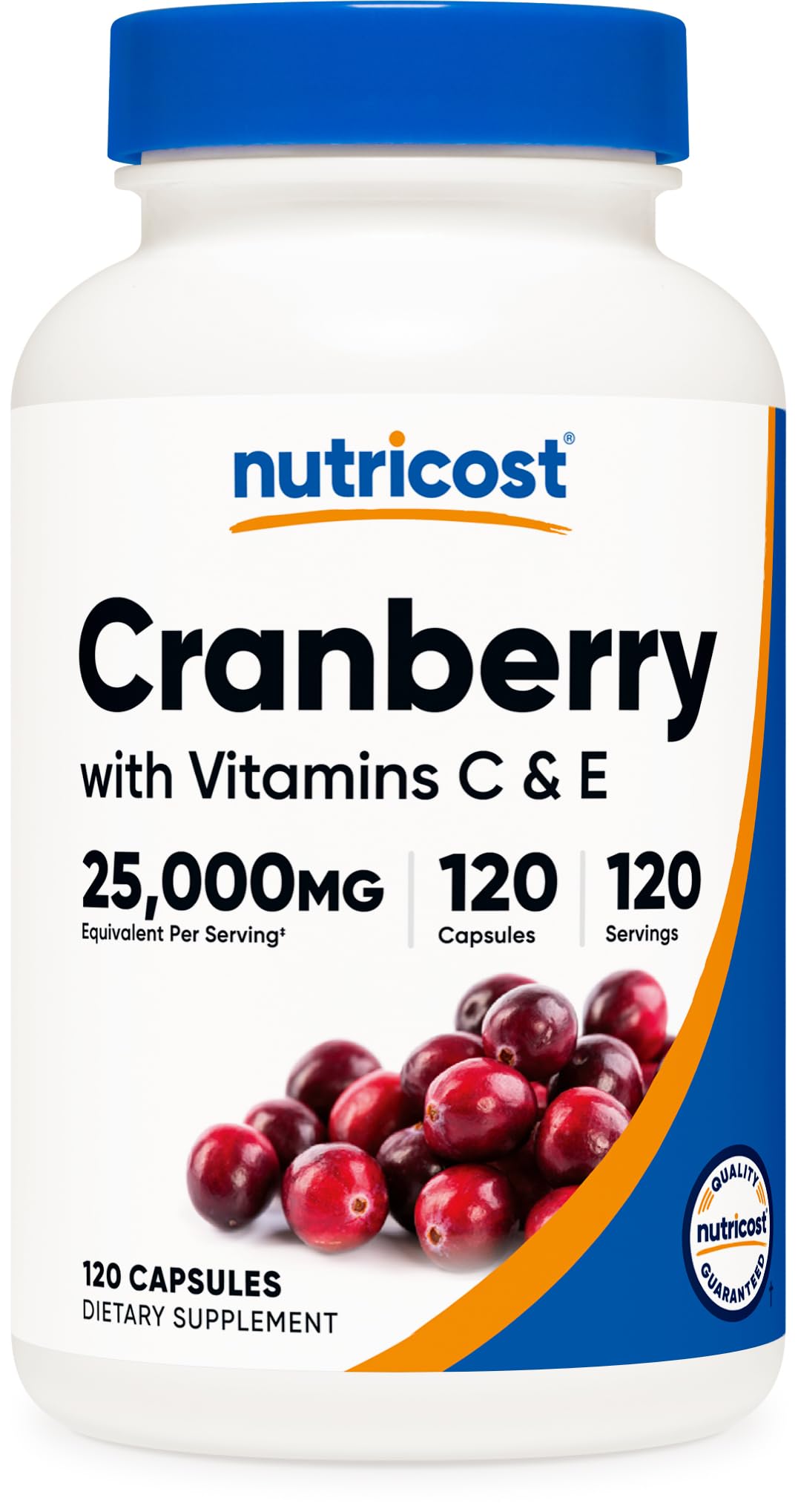 Nutricost Cranberry Extract bottle showing 120 capsules for daily use and antioxidant support
