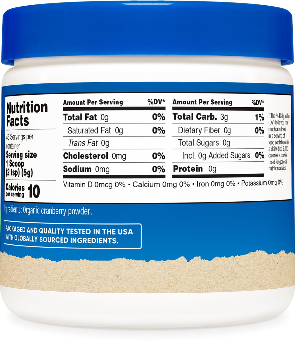 Nutricost Cranberry Powder nutrition facts label, highlighting quality and non-GMO features.