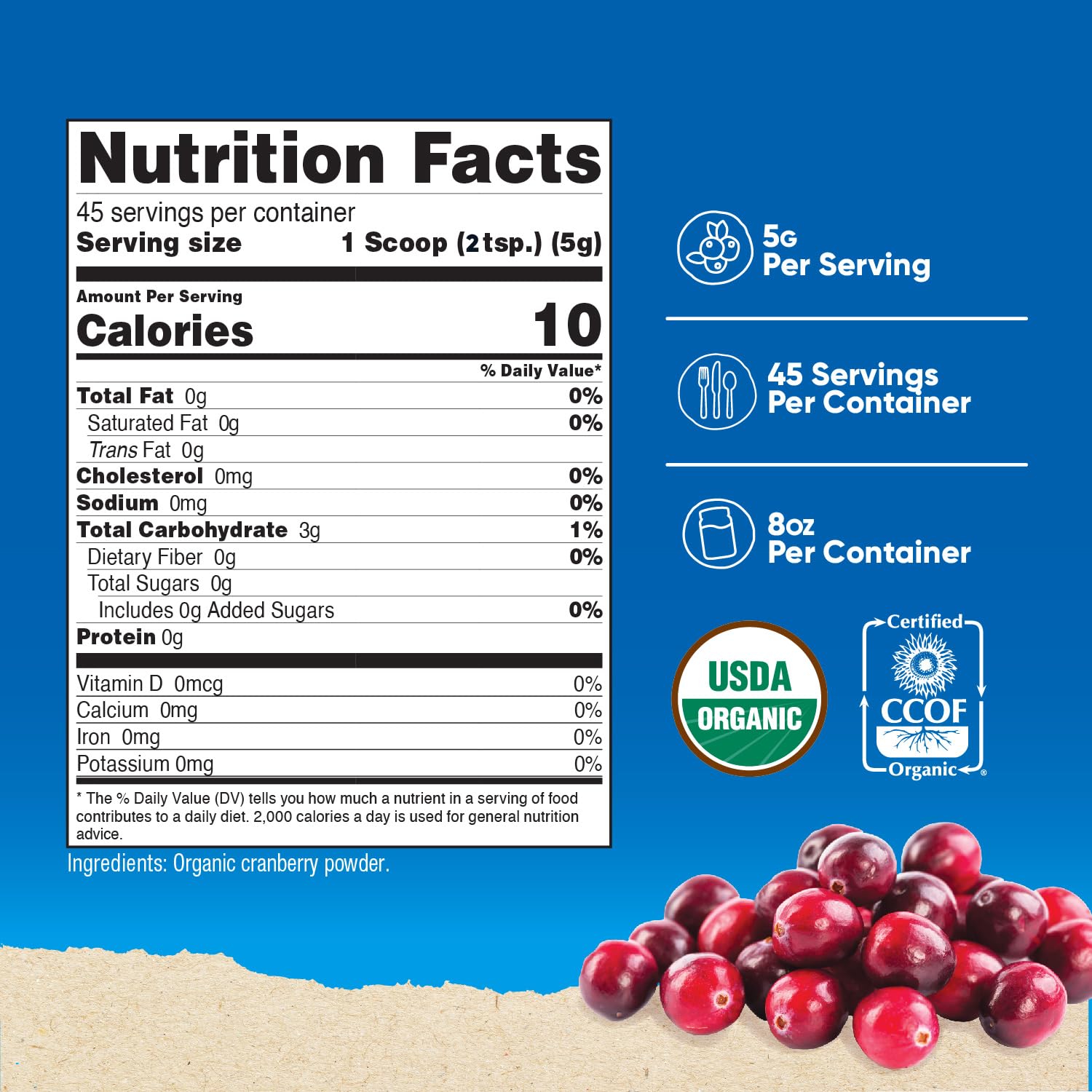 Nutricost cranberry powder serving scoop, convenient for precise 5 g portions.