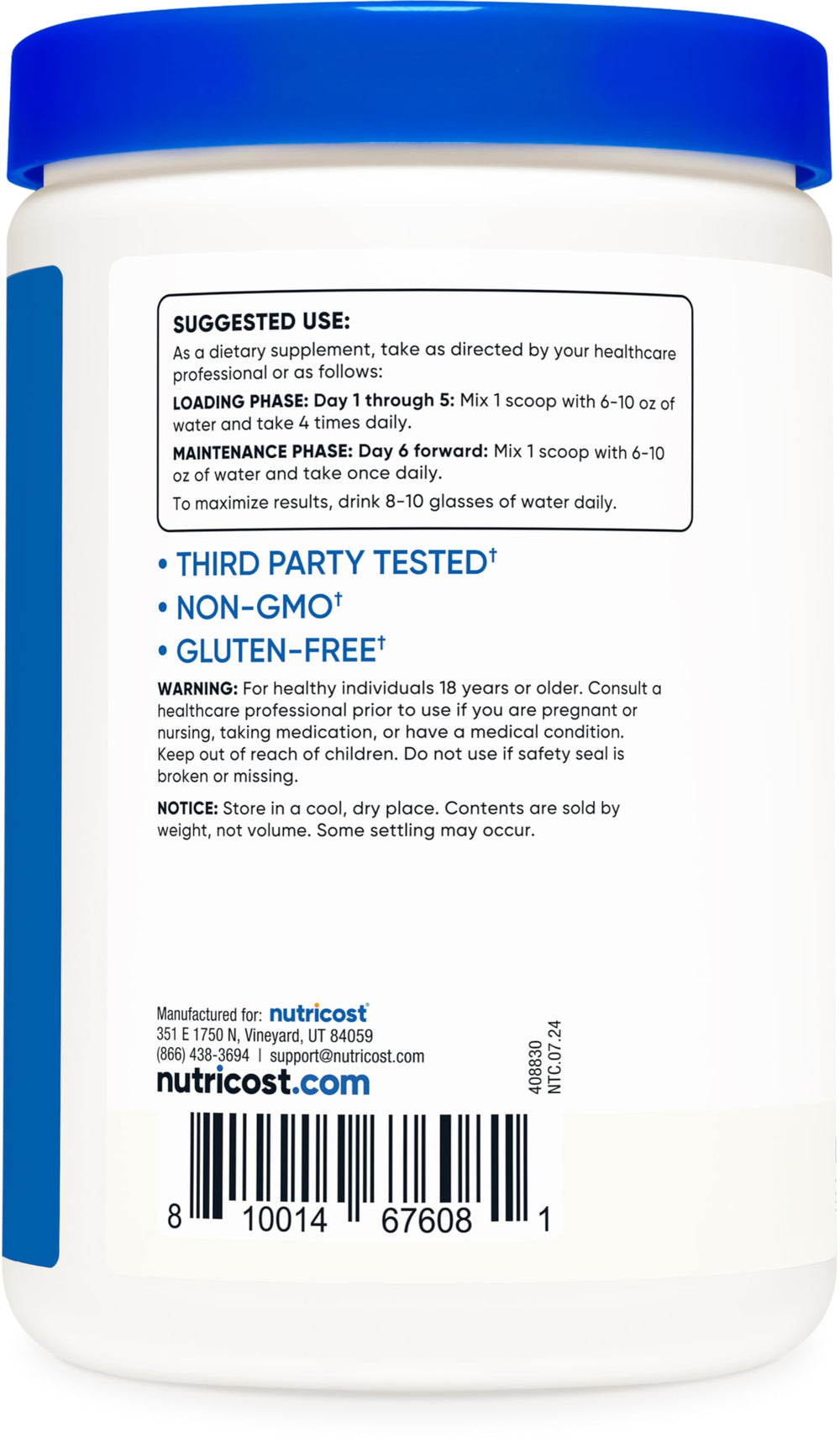 Nutricost Creapure Creatine Monohydrate jar and cap for secure storage