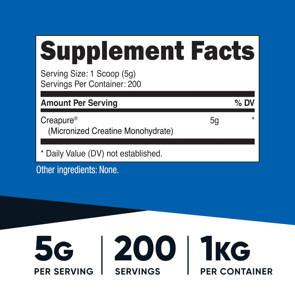 Nutricost Creapure Creatine Monohydrate powder scoop for easy daily dosing.