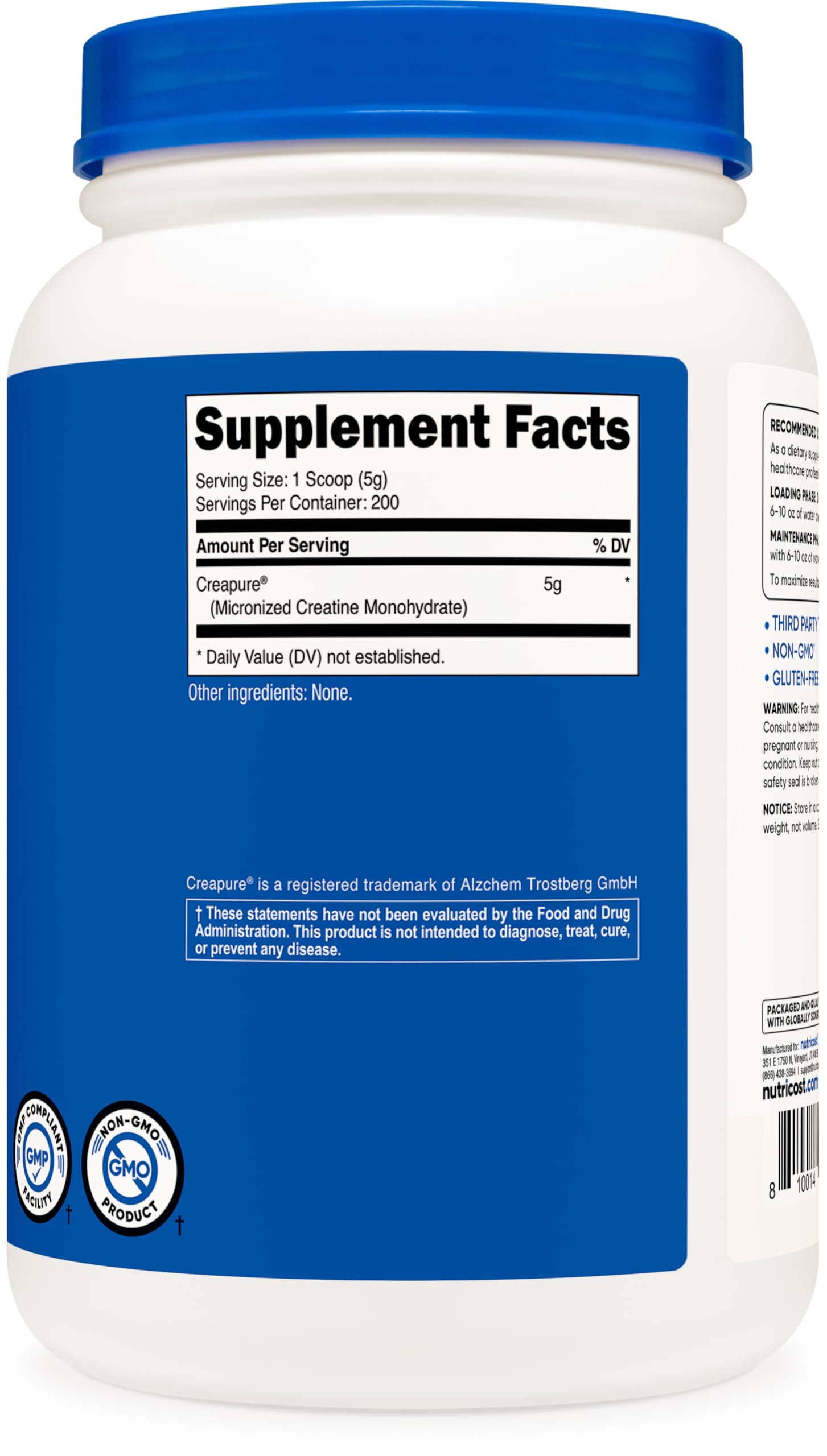 Nutricost Creapure Creatine Monohydrate with third-party testing seal for trust.