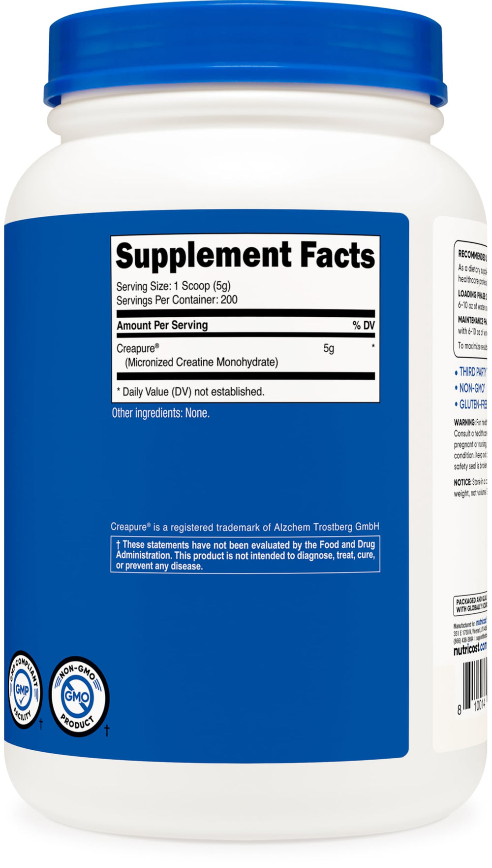 Nutricost Creapure Creatine Monohydrate with third-party testing seal for trust.