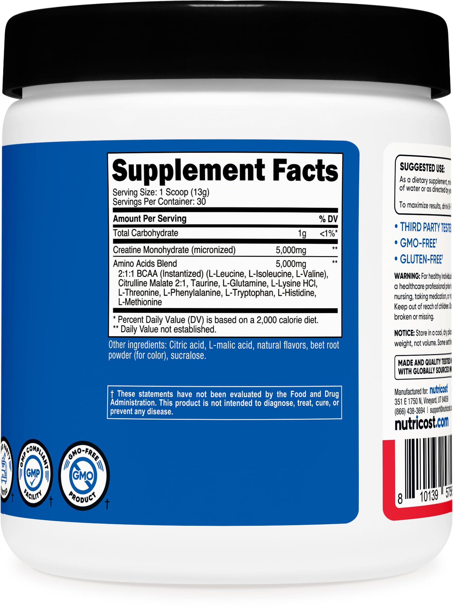 Nutricost Creatine + Aminos brand label closeup for GMP-quality assurance