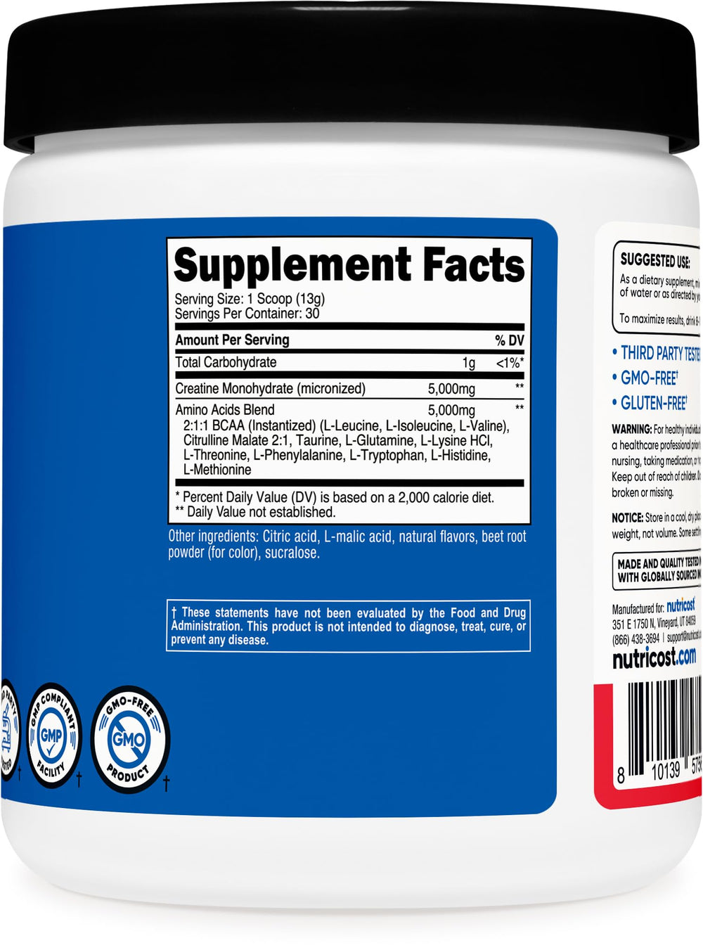 Nutricost Creatine + Aminos brand label closeup for GMP-quality assurance